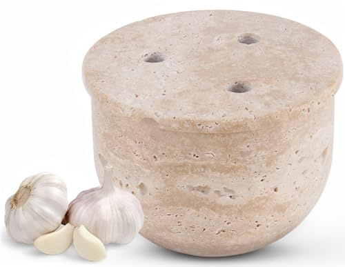 Radicaln Contenedor de ajo de mármol con tapa de 4.5 pulgadas, hecho a mano, de travertino, contenedor de ajo para cocina, mantiene los dientes de ajo frescos, ideal para mostrador
