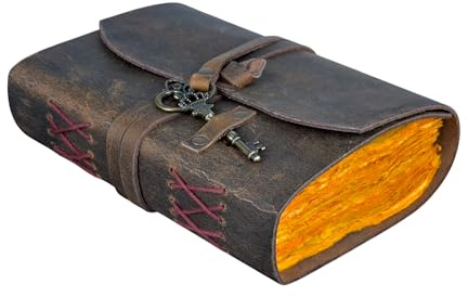 Leder-Tagebuch mit Büttenrand-Papier, 17,8 x 12,7 cm, handgefertigtes Vintage-Notizbuch mit Schlüssel, gebundener täglicher Notizblock für Männer und Frauen, Grimoire-Skizzenbuch, Zauberbuch