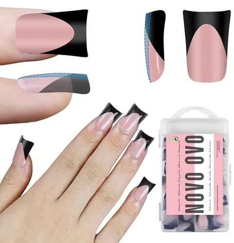 NOVO OVO Halloween Black French Tip Short Duck Nail Tips Press on, BABY PINK Pre-designed Soft Gel Nail Extension, Extra thick Full Cover Matte Vrial False Nails for Salon DIY x 12 Sizes 240 pcs