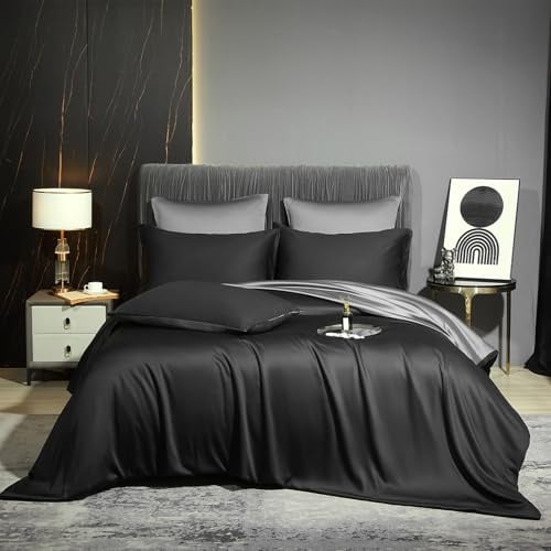 Luofanfei Kühlende Bambus Bettwäsche 135x200 Sommer Schwarz Grau | Uni Bambusfasern Lyocell Glänzend Bettwäscheset Atmungsaktiv Bamboo Muster Bettbezüge und Kissenbezug 80x80 cm Bügelfrei