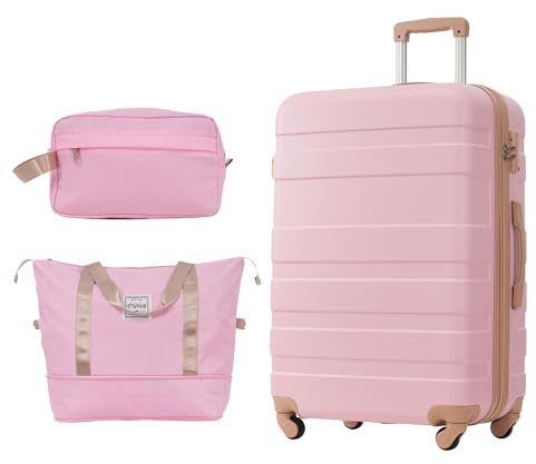 Merax 3-teiliges Hartschalen Kofferset, mit 1 Reisetasche und 1 Kulturbeutel, Trolley Reisekoffer Handgepäck Sets 3tlg, 4 Rollen, ABS-Material, TSA-Schloss, Rosa/L