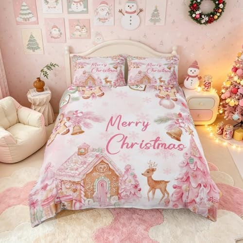 Homemissing Kinder rosa Weihnachtstheme Bettwäsche Set 135x200cm Weihnachtsbaum Hirsch niedlich Ingeberbrot Mann Bettbezug für Jungen Mädchen Teens Schneeflocke Süßigkeiten Haus Winter Bettwäsche-Set