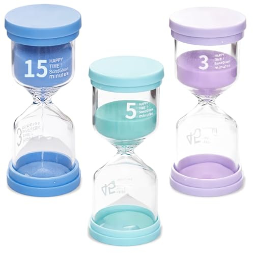 Ensemble 3 sabliers Enfants Couleurs Macaron – 3, 5, 15 Min, idéal sablier brossage Dents Enfant, minuteur Douche, Timer Enfant, les jeux, la cuisine, le bureau, sablier Decorative.