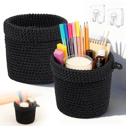 Hängekorb, 2 Stück Rund Wandkorb Hängend Schwarz Baumwollseil Korb zum Aufhängen Aufbewahrungskorb für Küche Bad Schlafzimmer Wohnzimmer 13 x 14cm