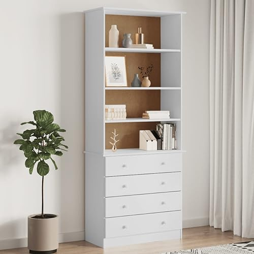 Teenpull ALTA Bücherregal Weiß, 77x35x186,5 cm, Massives Kiefernholz, mit 4 Schubladen und 4 offenen Fächern, Stabiler Stand, vielseitig als Wohnzimmerschrank