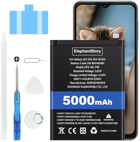 Elephantstory Akku für Samsung Galaxy A14/ A22 | Leistungsrückgewinnung, Austauschaufschub, Einfacher Selbsttausch, Hoher Kapazität Erzatzakku mit Reparaturwerkzeugen