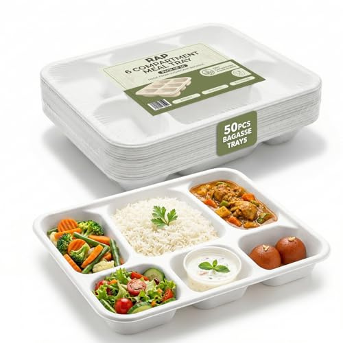 6 Compartment Bagasse Food Tray 50pcs Tray Pack made from 100% Sugarcane Fiber Biodegradable and Compostable ECO Friendly Meal Tray - Food Safe Disposable Tray.