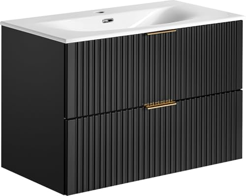WFL GROUP Waschtischunterschrank mit Integriertem Keramik-Waschbecken – Wandhängend, Geriffelte Soft-Close-Schubladen, Rillenfronten in Schwarz Matt – 80 cm Breit