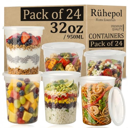 24 Pack 32oz Soup Containers with Lids, BPA Free Food Storage Containers | Leakproof Reusable Deli Pots, Small Meal Prep Tubs, Freezer Dishwasher Safe, Stackable Sauce & Takeaway Plastic Containers