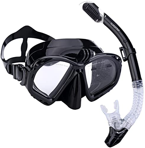 Supertrip Premium Snorkel set máscara de buceo para adultos con 2 boquillas. Set de buceo máscara de buceo gopro con soporte de cámara, negro