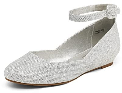 DREAM PAIRS Women's Ballet Flats Pumps Ballerina Ankle Strap Elastic Low Wedge Sandals Round Toe Comfy Dolly Shoes,Size 6.5,Silver/Glitter,REVONA