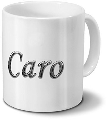 printplanet Tasse mit Namen Caro - Motiv Chrom-Schriftzug - Namenstasse, Kaffeebecher, Mug, Becher, Kaffeetasse - Farbe Weiß