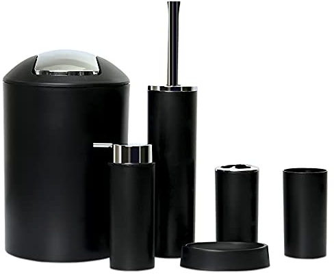 6tlg Badset Badezimmer Zubehör Set Organizer: Seifenspender, Zahnputzbecher, Kosmetikeimer, WC Bürste und Halter, Seifenschale, Mülleimer, Zahnbürstenhalter, Badgarnitur (Schwarz Design 2a)