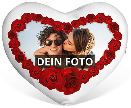 PhotoFancy® - Herzkissen mit Foto Bedrucken - Fotokissen in Herzform selbst gestalten (Herzkissen mit Foto im Rosenrahmen)