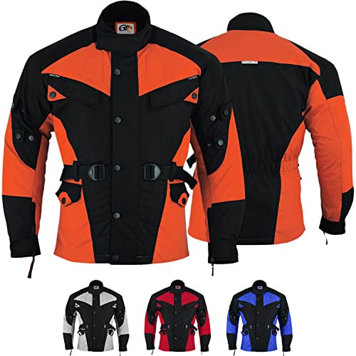 German Wear Herren Motorradjacke aus Textil mit 4 CE-Protektoren - Winddicht Lange Jacke mit Kombizipper aus 4 Schichten - Abnehmbar & Washbar Thermofutter - 8 Taschen protektorenjacke Orange - 60