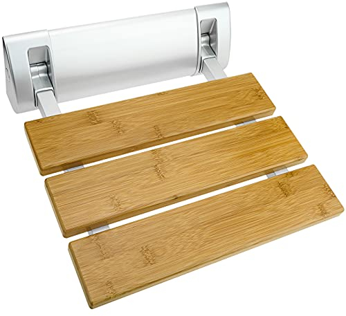 PrimeMatik - Asiento de Ducha abatible. Silla Plegable para Ancianos de Madera bambú y Aluminio 320x328mm