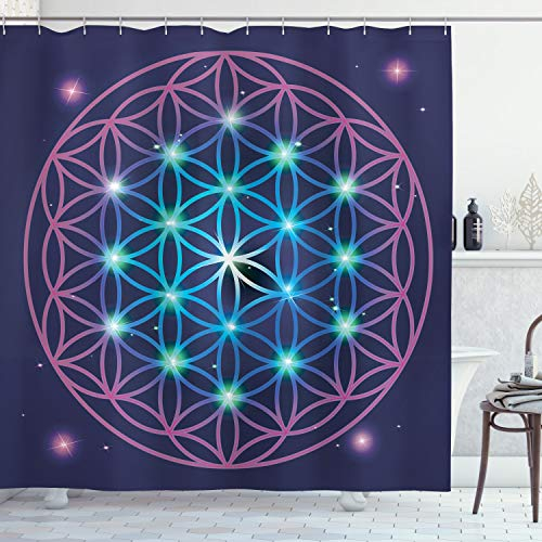 ABAKUHAUS Mandala Duschvorhang, Ombre Blume des Lebens, Stoffliches Gewebe Badezimmerdekorationsset mit Haken, 175 x 240 cm, Pale Blue Violet Indigo
