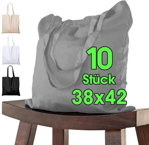 ELES VIDA Baumwolltaschen GRAU (10 Stück in 38x42) ORIGINAL ÖKO-TEX® geprüfte Markentasche, Lange Henkel, Jutebeutel, Jute Stoffbeutel, Einkaufstasche, Stoff Taschen aus 100% Baumwollstoff