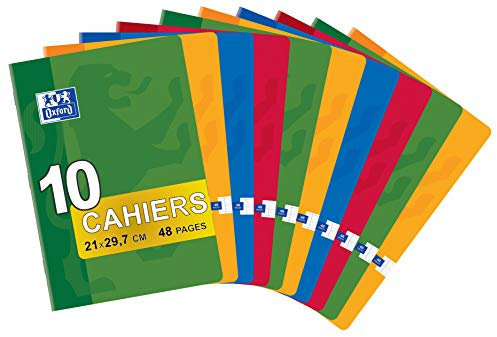 OXFORD Classique Lot de 10 Cahiers Agrafés au Format A4 (21 x 29, 7cm) 48 Pages Grands Carreaux Seyès 90gr Couleurs Assorties