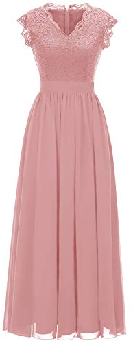 Dressystar Damen Abendkleider Elegant für Hochzeit Maxi Lang Ballkleider Chiffon Spitzen Cocktailkeider Blush M