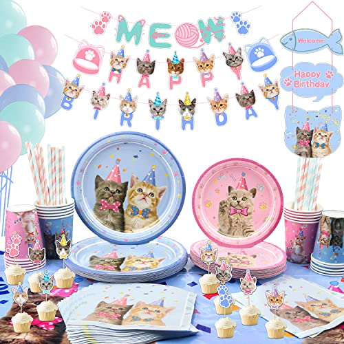 LSJDEER 210 stück cat partyzubehör dekoration set, kätzchen wegwerfgeschirr einschließlich alles gute zum geburtstag banner macaron ballons abendessen teller dessertteller servietten