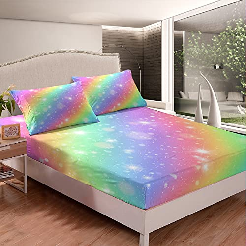 Homemissing Galaxis Bettlaken Set Glitter Regenbogen Streifen Dekor Spannbettlaken 90x200cm für Kinder Jungen Universum Sternenhimmel Spannbetttuch Bunte Funkeln Sterne Raum mit 1 Kissenbezug 2St