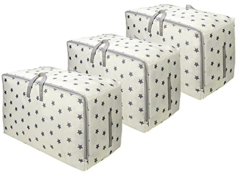 Vinsani 3pcs Clothes Storage Bags Organizer Large Capacity 105L Double Zipper, Moisture-Proof Underbed Storage Perfect Space for Clothes, Toys, Beddings, Blankets and Duvet – Cream Star