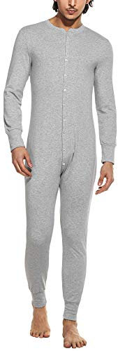 Hotouch Mono de Dormir para Hombre, Una Pieza, Algodón, Ropa Interior Térmica, Pijamas para Invierno S-XXL, Gris Claro, S