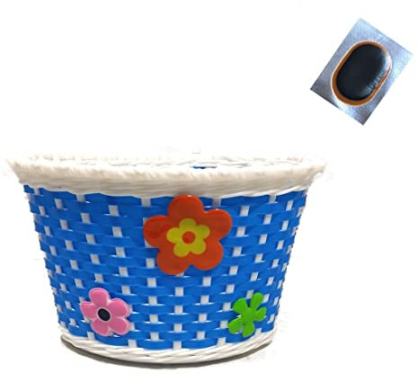 Fahrradkorb Kinderfahrrad Korb Kunststoff für vorne/hinten Blau Blumen inkl. Schlauchflicken
