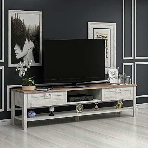 [en.casa] TV Schrank Hashøj Lowboard mit 2 Fächern Fernsehtisch mit Stauraum Wohnzimmer TV Board Eiche-Optik Weiß Antik