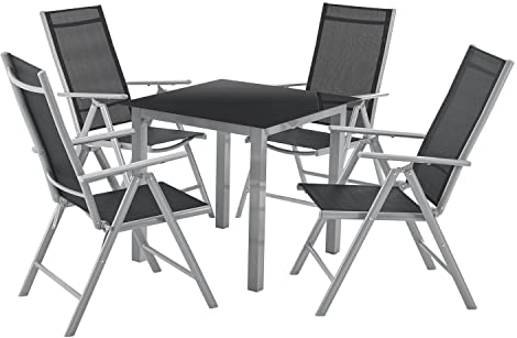 Juskys Aluminium Gartengarnitur Milano 4+1 — 4 Hochlehner Stühle verstellbar & klappbar mit Tisch — Gartenmöbel Set 5-teilig wetterfest — Silber