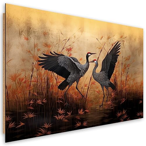 Feeby Bilder Kranich Zweige Blumen 90x60 cm 1 tlg Schlafzimmer Modern Deco Panel MDF Kunstdruck Wand Bild Wanddeko Design Wohnzimmer Büro Flur Hotel Spa Pflanzen Natur Orange