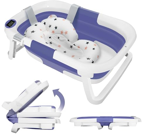 Bañera Bebe con Termómetro, Bañera Plegable Bebé con Almohadilla de Baño Antideslizante e Tapón de Ducha, Ergonómico, Ahorra Espacio, para Bebés de 0 a 36 Meses (B)