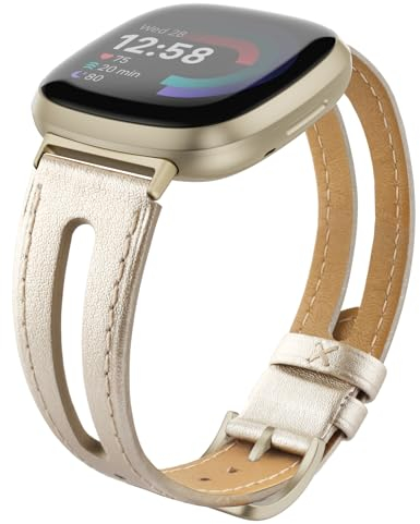 Tuocal Lederarmband Kompatibel für Fitbit Versa 4 / Versa 3 Armband/Sense Leder Armband, Schlankes Weiches Ersatzarmband Kompatibel mit Fitbit Versa 4 / Versa 3 / Sense Damen Herren, Champagner