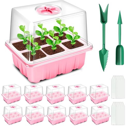 YAUNGEL Zimmergewächshaus Anzuchtkasten, 10 Stück 60 Groß Zellen Mini Gewächshaus Anzucht Set mit erhöhten Deckel, Setzling Starter Tabletts Treibhaus Anzuchtschale mit Deckel für Pflanze, Rosa