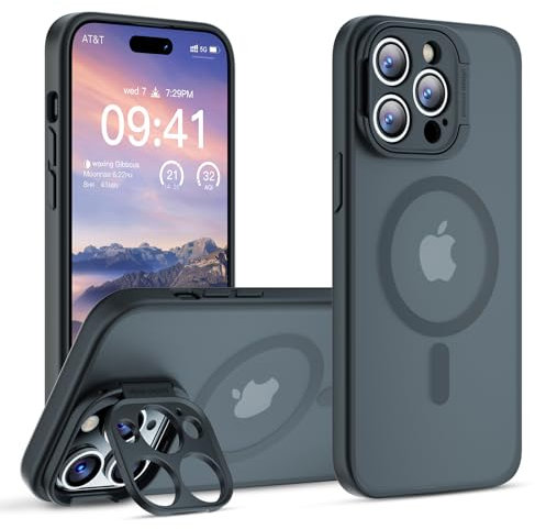 GOODVISH Magnetic Case for iPhone 14 Pro Case Compatible with Magnetic [Magic Camera Stand] All-in-1 Shockproof Slim Hard Translucent Matte Phone Case Cover, Black