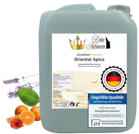 Dufte Momente | Dampfbad Emulsion 5 Liter Oriental Spice (Basilikum, Koriander, ...) | geprüfte Qualität | mit naturreinen und natürlichen ätherischen Ölen | gebrauchsfertig | vegan, ohne Tierversuche