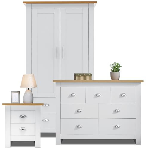 Blisswood Bedroom Furniture Set,3 Piece Bedroom Set With 2 Door Wardrobe & 4+3 Drawer Chest of Drawer + 2 Drawer Bedside Table (2 Door Wardrobe + 4+3 Drawer Chest & 2 Drawer Bedside Table White)