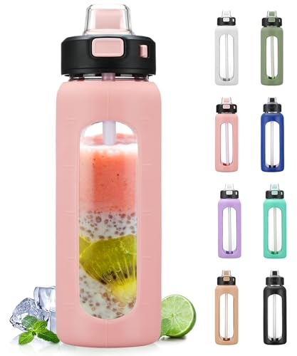 BLUEGO 700ml Trinkflasche Glas mit Strohhalm und Griff Auslaufsichere Wasserflasche mit Silikonhülle und Messskala Sport Glaswasserflasche BPA frei, Rosa
