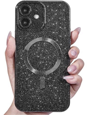 Svanove Glitter Case for iPhone 12 Phone Case Magnetic Compatible with Magsafe, Sparkle Bling Shiny Cute Girly Design, Aesthetic Slim Soft TPU Mag Cover for Women Girl, Black