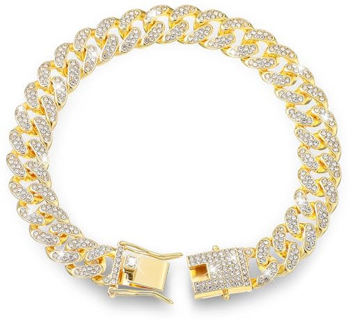 Gold Dog Chain Collar Diamond Cuban Link Dog Collar, 16mm Wide Dog Necklace Metal Cat Chain Pet Crystal Collar Jewelry Accessories with Design Secure Buckle for Small Medium Large Dogs Cats(8inch)