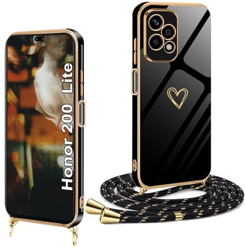 XCYYOO Cover per Honor 200 Lite con Cordino, Custodia per Honor 200 Lite con Tracolla Antiurto Corda Silicone Cuore Carino Case, Cover con Laccio Honor 200 Lite Silicone-Nero