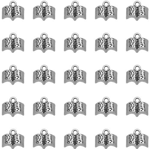 JKJF 50 Stück Vintage Buchcharms Anhänger - Antik Silber Metall Baumeln Schmuck für DIY Ohrringe, Halsketten, Armbänder und Fussbänder