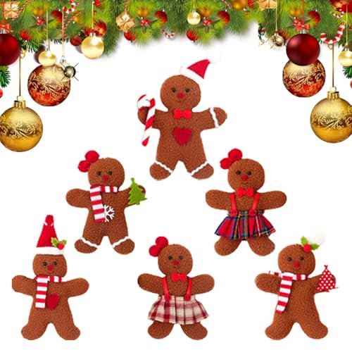 6Pcs Gingerbread Man Christmas Tree Ornaments - 9cm Xmas Hanging Plush Figurines With Strings for Decor and Gift Tags