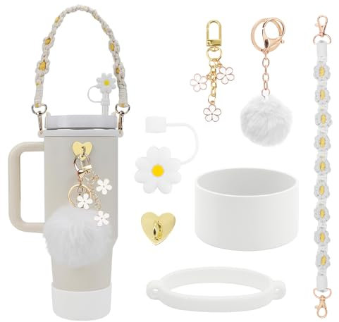 Yuhtech Accessories Set for Stanley Cup, Siliocone Straw Cover Boot, Water Bottle Handle Strap, Charms for 40oz & 30oz Tumbler (White)