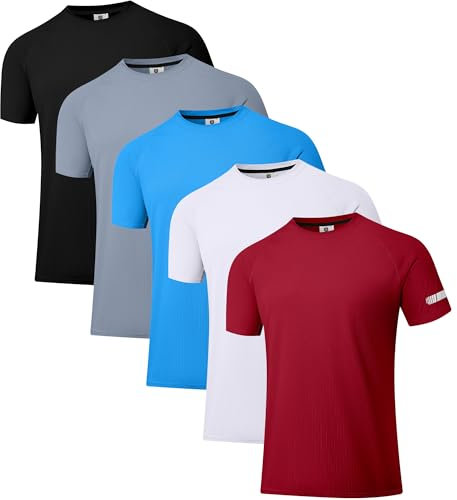Holure 5 Pack Men's Workout Running Shirts UPF 50+ Sun Protection Rash Guard T-Shirts Quick Dry SPF UV Swim Short Sleeve Shirts Black/Grey/Blue/White/Red 05 M
