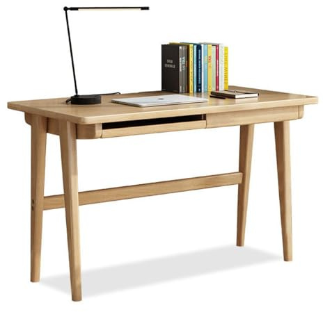 Computertisch mit Schubladen und Tastaturablage, Mid-Century Modern Home-Office-Schreibtisch, 47 Zoll Massivholz-Schreibtisch, Kleiner Schreibtisch für Schlafzimmer, Natur