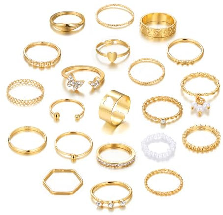 XSDSLS 21 Stück Vintage Knuckle Rings für Damen Böhmische Stapelbare Ring Gold Silber Offene Daumen Ringe Set Midi Finger Ringe Schmetterlings Herz Fingerring für Frauen Mädchen (Gold)