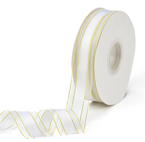 CABODYALS Ruban en Organza Blanc de 45.72 m et 25mm avec Bord Doré Transparent Doux et Lisse en Mailles avec Bobine pour Emballage Cadeau Tressage de Cheveux de Noël Mariage Bricolage
