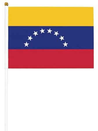 Bandera de Venezuela con impresión de banderas pequeñas en palo de 5.5 x 8.2 pulgadas, paquete de 10 mini banderas de mano de madera